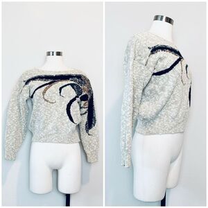 Vintage Tan Cream Appliqué Sweater Medium Floral Indie Cottage Knit Boat